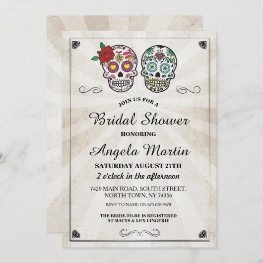 Vrijgezellenfeest Party Sugar Skull Cream Uitnodig Kaart (Voorkant / Achterkant)