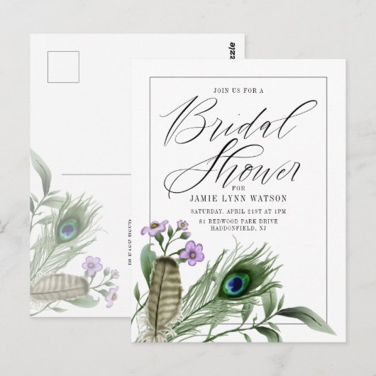 Vrijgezellenfeest | Peacock Feather & Flowers Brie Briefkaart (Voorkant / Achterkant)