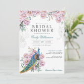  Vrijgezellenfeest Peony Chinoiserie Peacock Kaart (Staand voorkant)