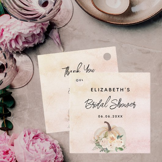 Vrijgezellenfeest pompoen herfst crème roos goud bedankjes labels