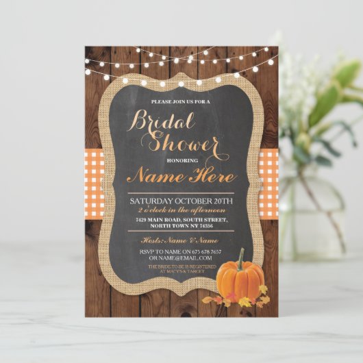 Vrijgezellenfeest Pompoen Herfst Wood Burlap Invit Kaart (Staand voorkant)