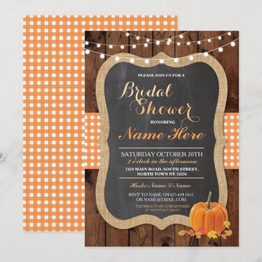 Vrijgezellenfeest Pompoen Herfst Wood Burlap Invit Kaart (Voorkant / Achterkant)