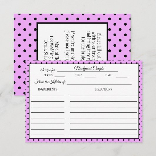 Vrijgezellenfeest Recept Kaart Polka Dot Lavendel (Voorkant / Achterkant)