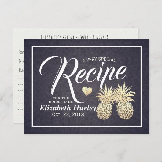 Vrijgezellenfeest Recipe Chic Gold Pineapple Navy  Uitnodiging Briefkaart (Voorkant / Achterkant)