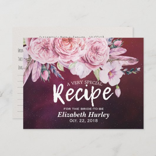 Vrijgezellenfeest Recipe Floral Feather Burgundy R Uitnodiging Briefkaart (Voorkant / Achterkant)