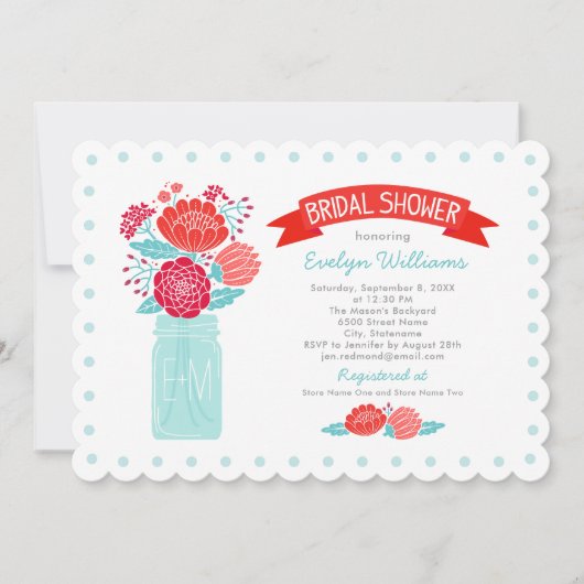  Vrijgezellenfeest Red Aqua Floral Mason Jar Kaart (Voorkant)