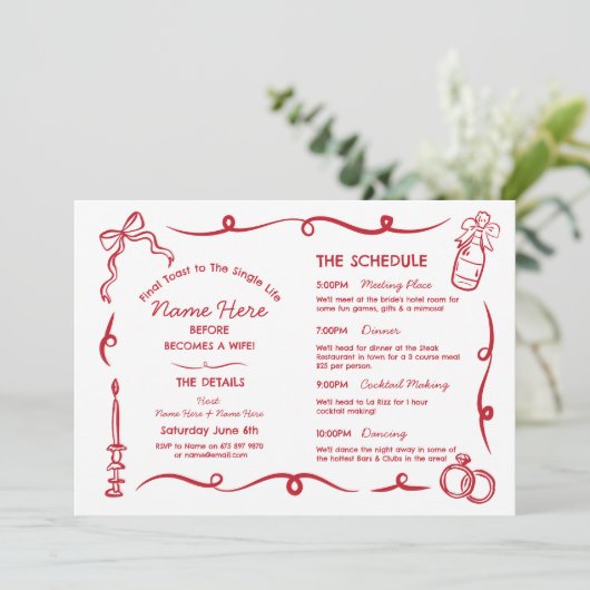 Vrijgezellenfeest reisschema grillige hand geteken programmakaart (Staand voorkant)