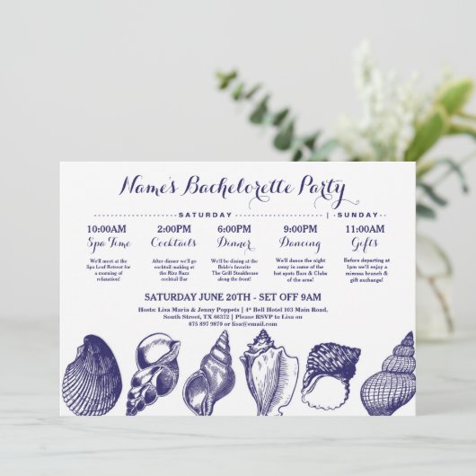 Vrijgezellenfeest Reisschema Strand Wedding Shells Kaart (Staand voorkant)