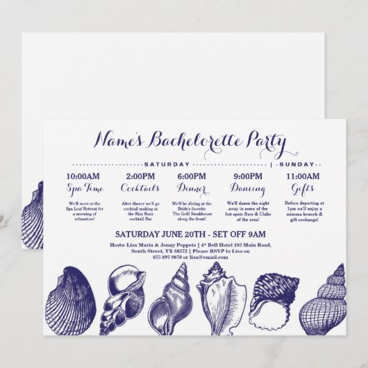 Vrijgezellenfeest Reisschema Strand Wedding Shells Kaart (Voorkant / Achterkant)