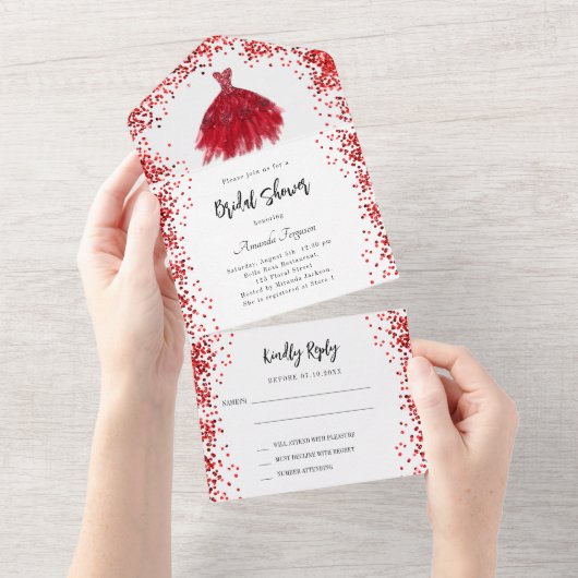 Vrijgezellenfeest rood jurkje wit RSVP All In One Uitnodiging (Afscheurbaar)