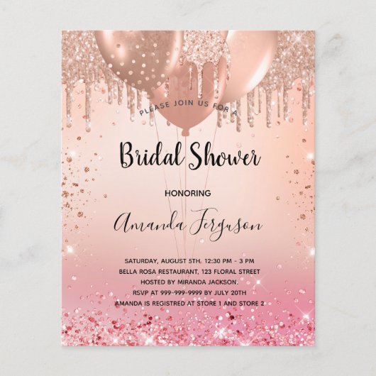 Vrijgezellenfeest roos blush glitter budget uitnod flyer (Voorkant)