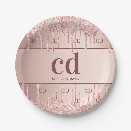 Vrijgezellenfeest roos goud glitter monogram initi papieren bordje (Voorkant)