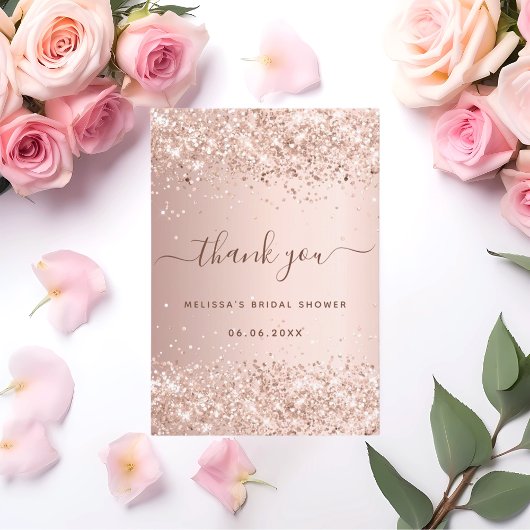Vrijgezellenfeest roos goudblush sparkles bedankkaart