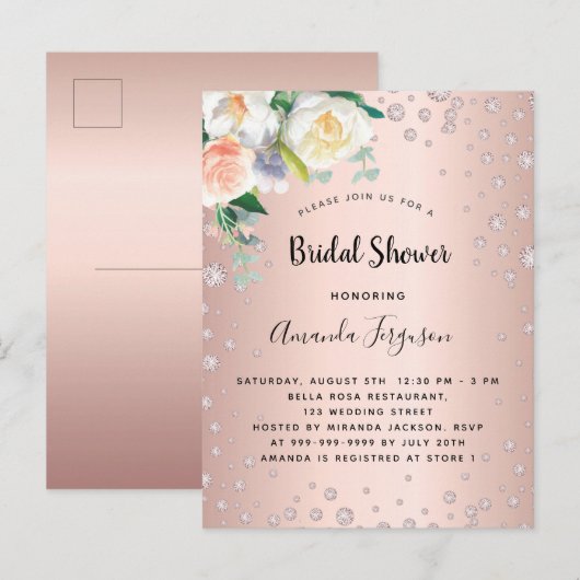 Vrijgezellenfeest roos gouden blozen Spoeluitnodig Briefkaart (Voorkant / Achterkant)