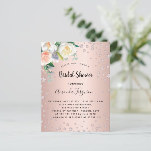 Vrijgezellenfeest roos gouden blozen Spoeluitnodig Briefkaart (Staand voorkant)