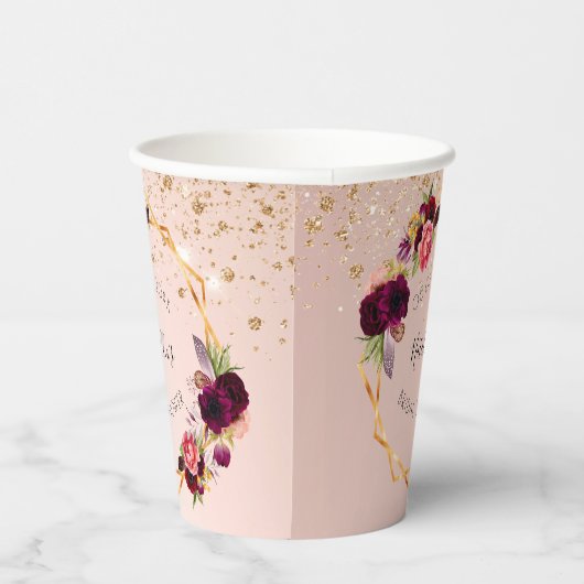 Vrijgezellenfeest roos gouden bordeauxrode bloemen papieren bekers (Rechts)