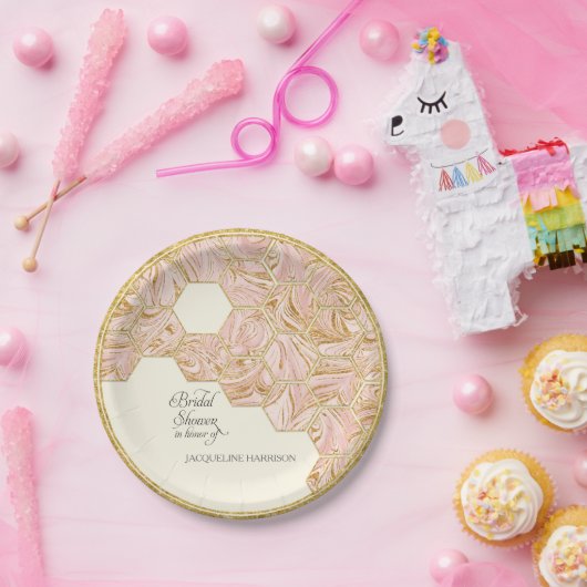 Vrijgezellenfeest Roos Gouden Glitter Marmer Hexag Papieren Bordje (Feest)