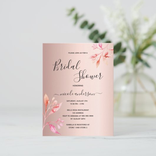 Vrijgezellenfeest roos goudfloralen briefkaart (Staand voorkant)