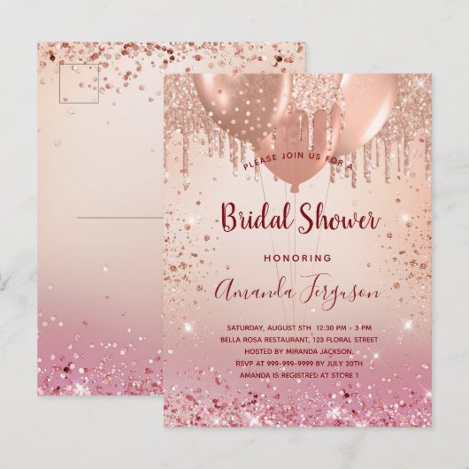 Vrijgezellenfeest roos goudroze glitterballonnen uitnodiging briefkaart (Voorkant / Achterkant)