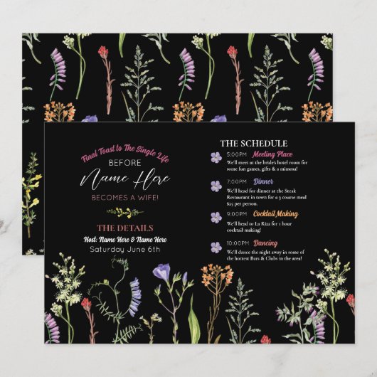 Vrijgezellenfeest Route Wildflowers Bloemen Donker Programmakaart (Voorkant / Achterkant)