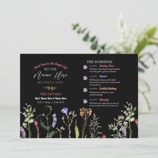 Vrijgezellenfeest Route Wildflowers Bloemen Donker Programmakaart (Staand voorkant)