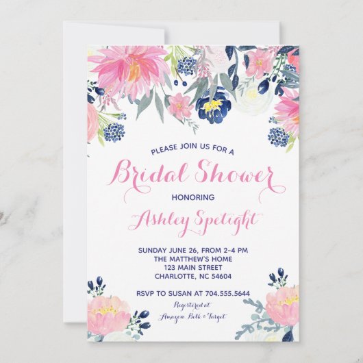 Vrijgezellenfeest roze blush navy Floral Invitatio Kaart (Voorkant)