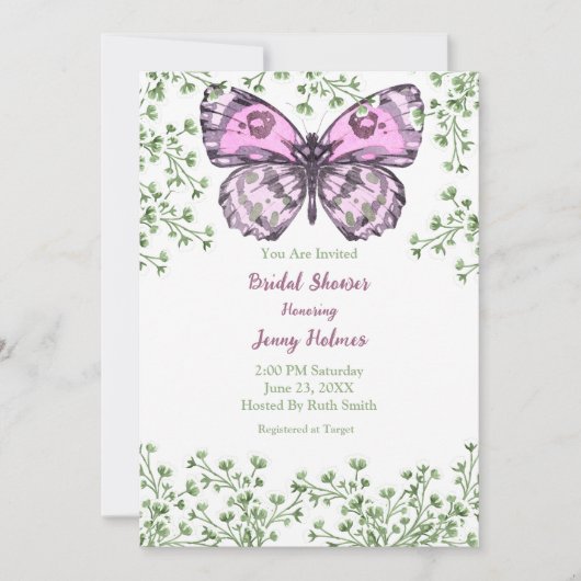 Vrijgezellenfeest Roze Butterfly Greenery Invitati Kaart (Voorkant)