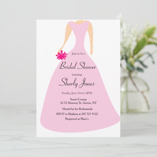VRIJGEZELLENFEEST ROZE ELEGANTE JURK UITNODIGING (Staand voorkant)