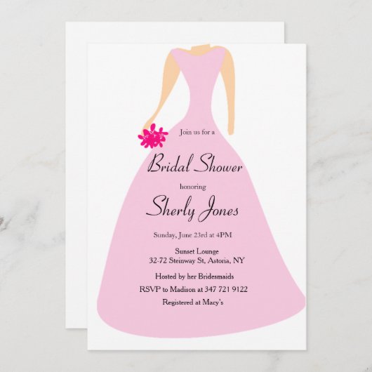 VRIJGEZELLENFEEST ROZE ELEGANTE JURK UITNODIGING (Voorkant / Achterkant)