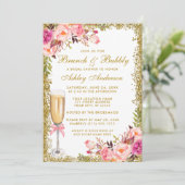 Vrijgezellenfeest Roze Floral Brunch Bubble Glitte Kaart (Staand voorkant)