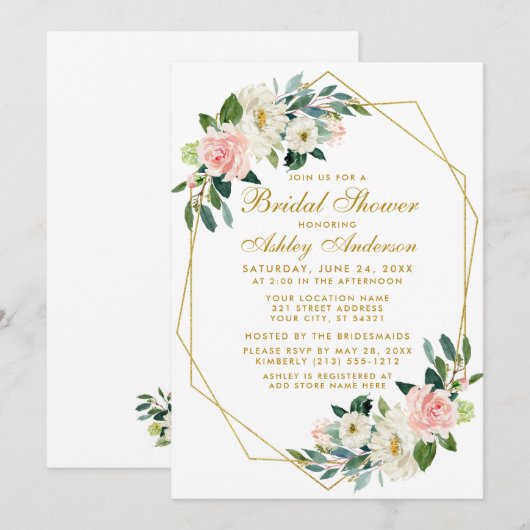 Vrijgezellenfeest Roze Floral Geometric Lijst Invi Kaart (Voorkant / Achterkant)