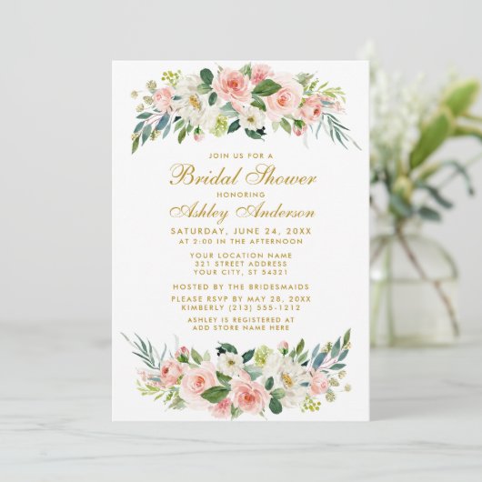 Vrijgezellenfeest Roze Floral Gold Invitation G Kaart (Staand voorkant)