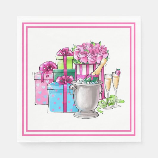 Vrijgezellenfeest Roze Groene Cadeaus Champagnegla Servet (Voorkant)