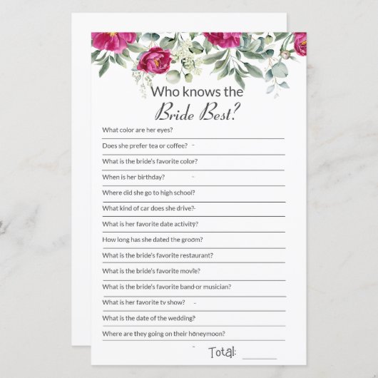 Vrijgezellenfeest Roze Hoe goed ken je Game (Voorkant / Achterkant)