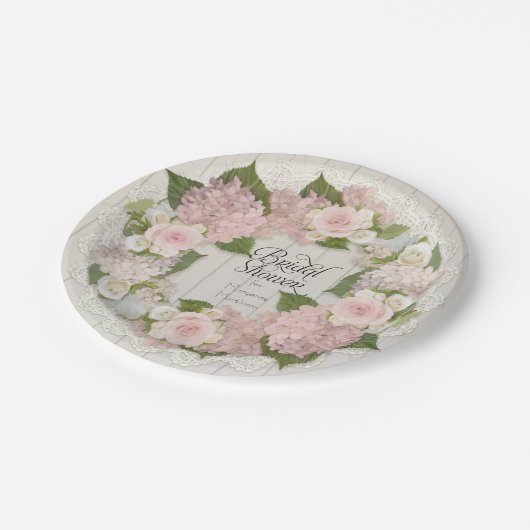Vrijgezellenfeest Roze Hydrangea Rozen Kant Houten Papieren Bordje (Gekanteld)