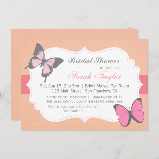 Vrijgezellenfeest, roze vlinders uitnodiging (Voorkant / Achterkant)