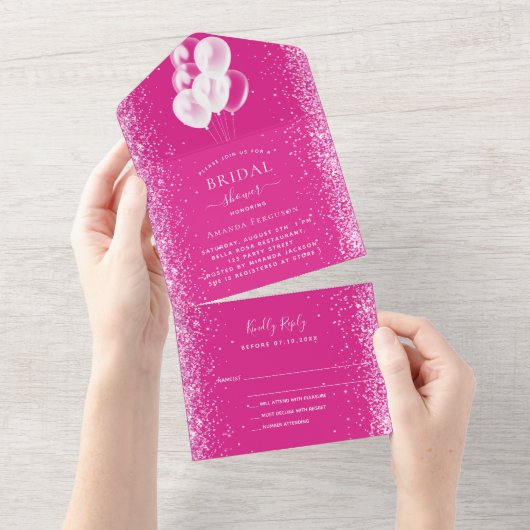 Vrijgezellenfeest roze witte ballonnen confetti RS All In One Uitnodiging (Afscheurbaar)