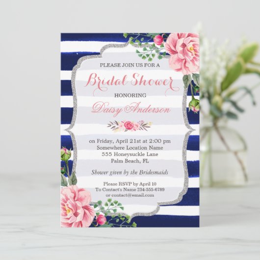 Vrijgezellenfeest roze zilveren zilverblauwe strep kaart (Staand voorkant)