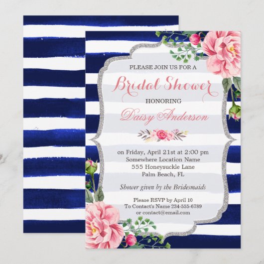 Vrijgezellenfeest roze zilveren zilverblauwe strep kaart (Voorkant / Achterkant)