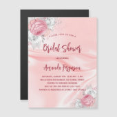 Vrijgezellenfeest roze zilverfloralen witte rozen  magnetische uitnodiging (Voorkant / Achterkant)