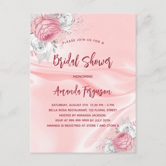 Vrijgezellenfeest roze zilverfloralen witte rozen uitnodiging briefkaart (Voorkant)