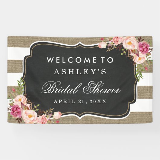 Vrijgezellenfeest Rustic Burlap Stripes Floral Spandoek (Horizontaal)