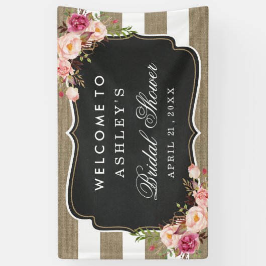 Vrijgezellenfeest Rustic Burlap Stripes Floral Spandoek (Verticaal)