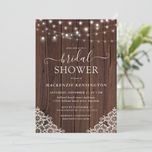 Vrijgezellenfeest Rustic Wood en String Lights Kaart (Staand voorkant)