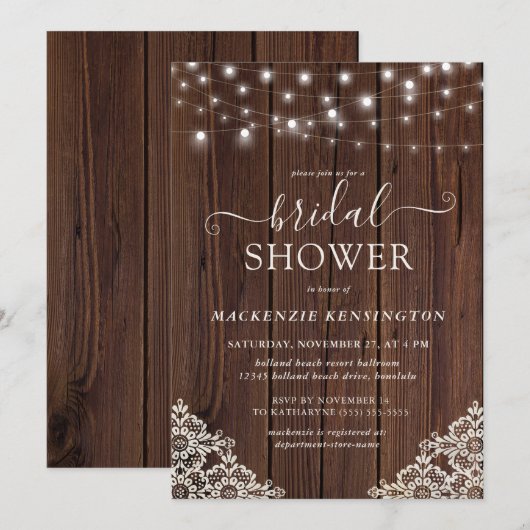 Vrijgezellenfeest Rustic Wood en String Lights Kaart (Voorkant / Achterkant)