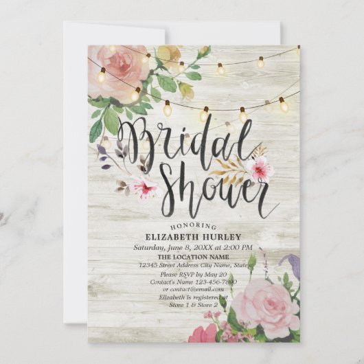 Vrijgezellenfeest Rustic Wood Floral String Lights Kaart (Voorkant)