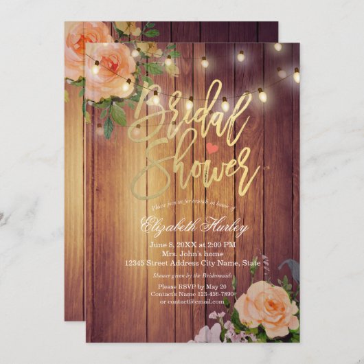 Vrijgezellenfeest Rustic Wood Floral String Lights Kaart (Voorkant / Achterkant)