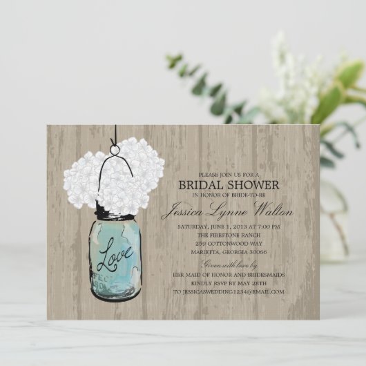 Vrijgezellenfeest Rustic Wood Mason Jar Hydrangeas Kaart (Staand voorkant)