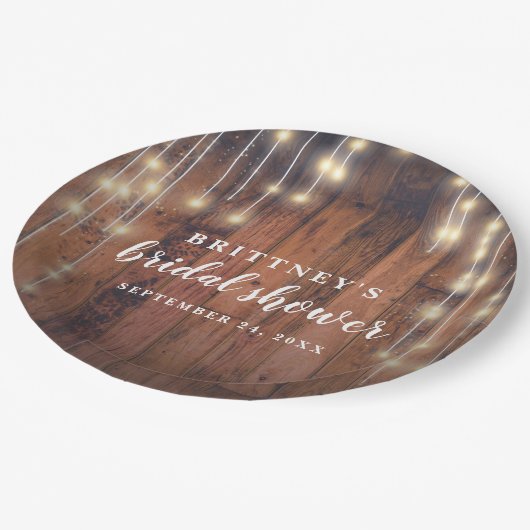 Vrijgezellenfeest Rustic Wood String Lights Papieren Bordje (Gekanteld)