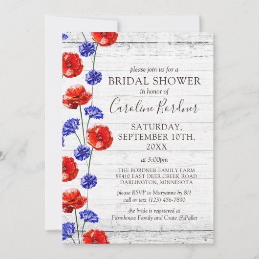 Vrijgezellenfeest rustiek hout & rood papaver land kaart (Voorkant)